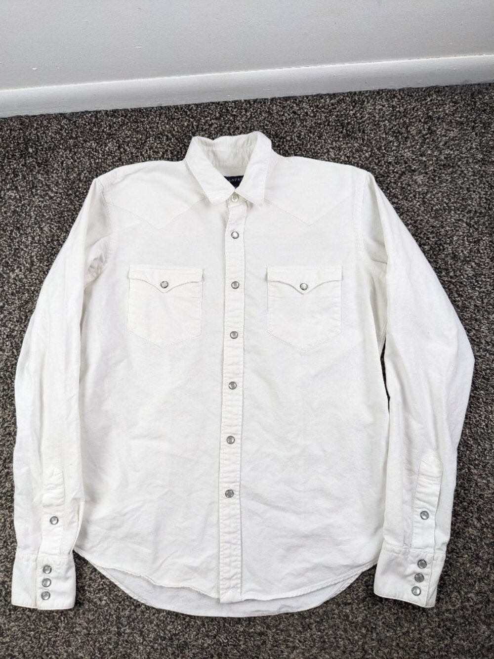Vintage Ralph Lauren Shirt White Oxford Western Pearl Snap Womens Size 6 *Flaw